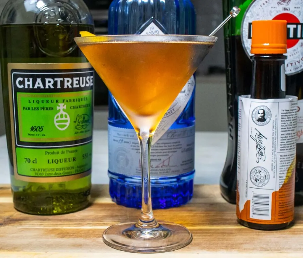 Crafted Bijou Cocktail with Bottles