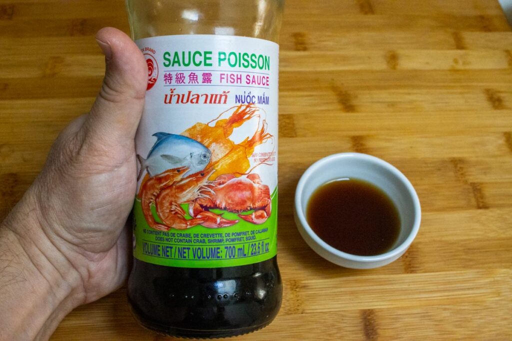 Fish Sauce in Bottle and White Prep Bowl