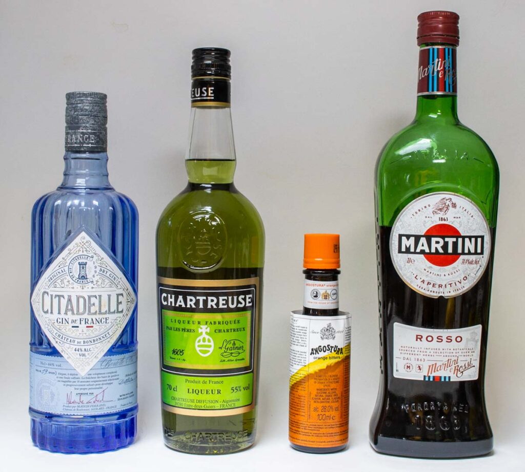 Liquor Bottles for Bijou Cocktail Recipe