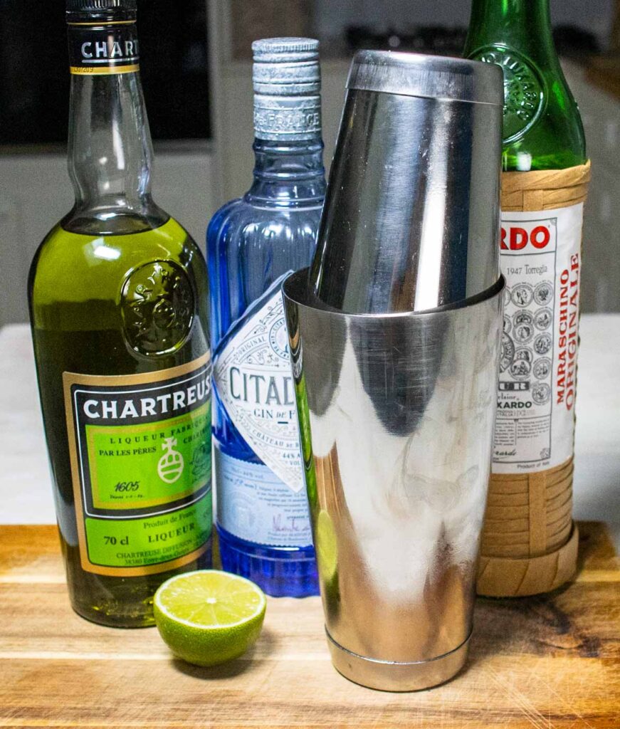 Shaker and Liquor Bottles for Last Word Cocktail Recipe
