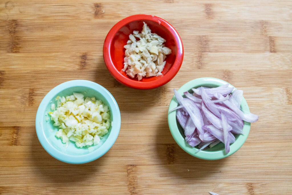 Shallots, Garlic and Ginger Mise en Place