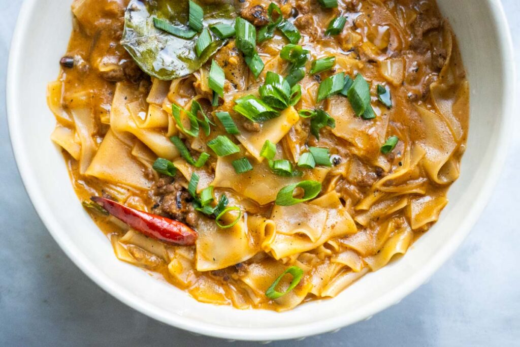 Thai Panang Curry Noodles with Meat Sauce Up Close