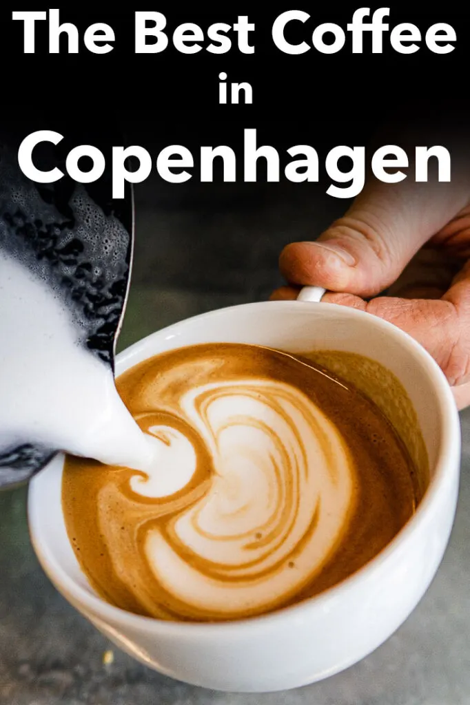 Pinterest image: photo of an a crafted flat white with caption reading "The Best Coffee in Copenhagen"
