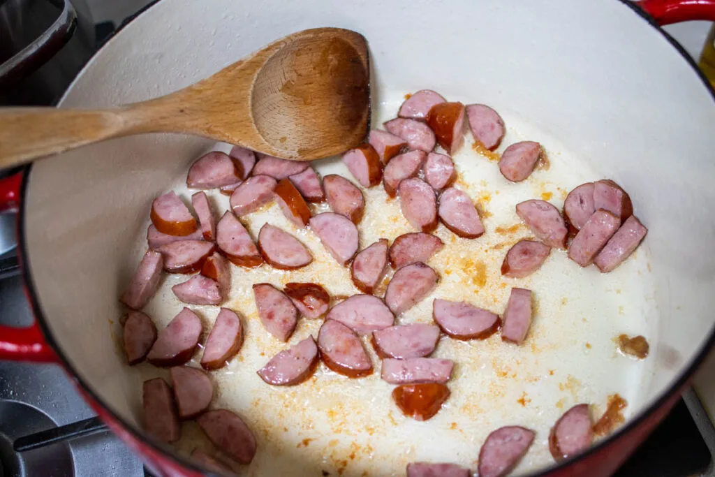Andouille for Jambalaya Browning in a Pot