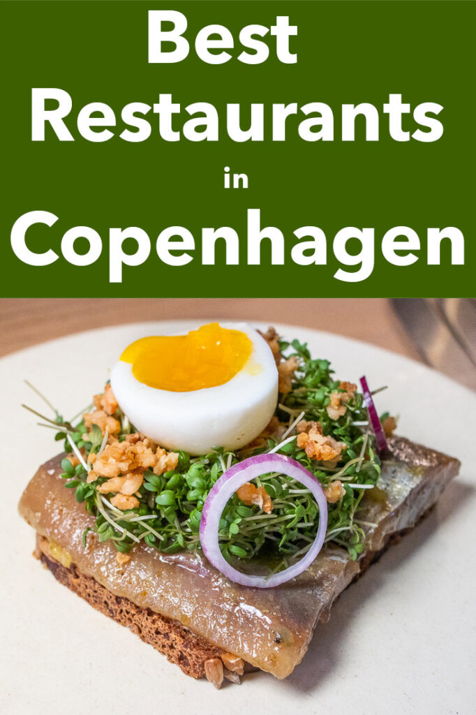 Pinterest image: photo of herring smørrebrød with caption reading "Best Restaurants in Copenhagen"