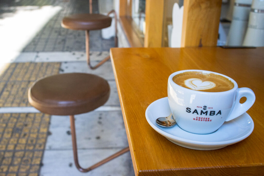 Flat White outside Samba Coffee Roasters in Athens