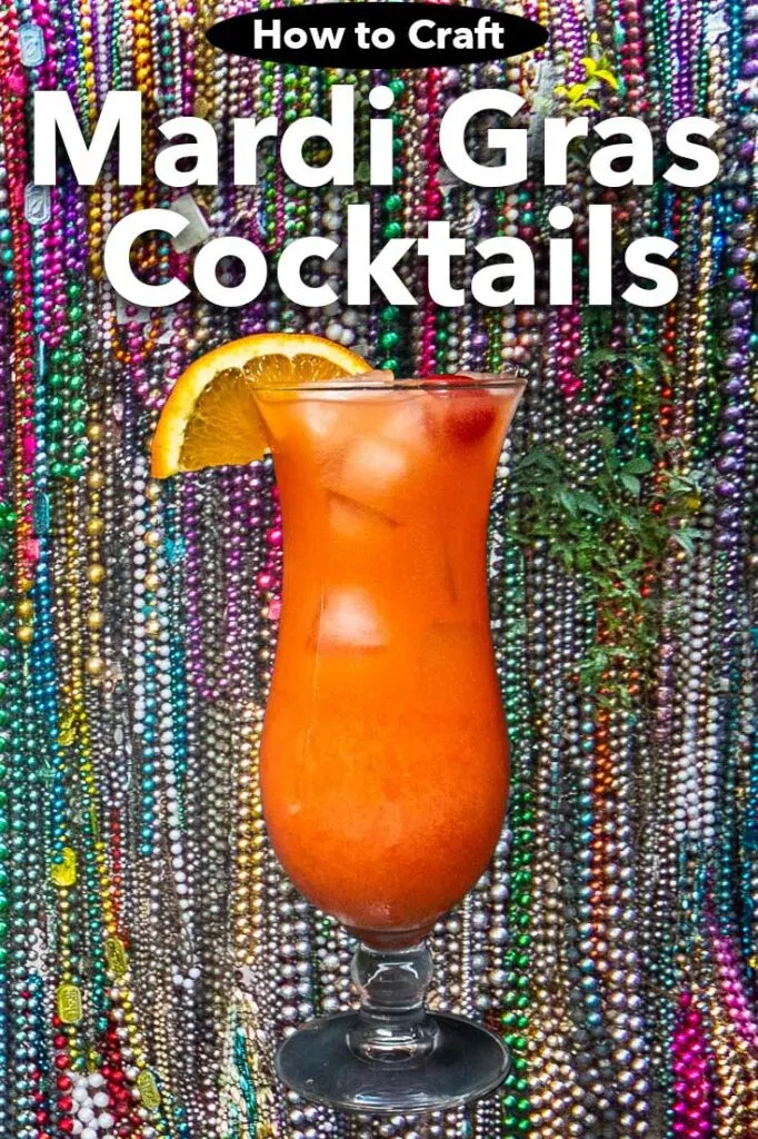 Pinterest image: photo of a Hurricane cocktail and Mardi Gras Beads with caption reading "How to Craft Mardi Gras Cocktails"