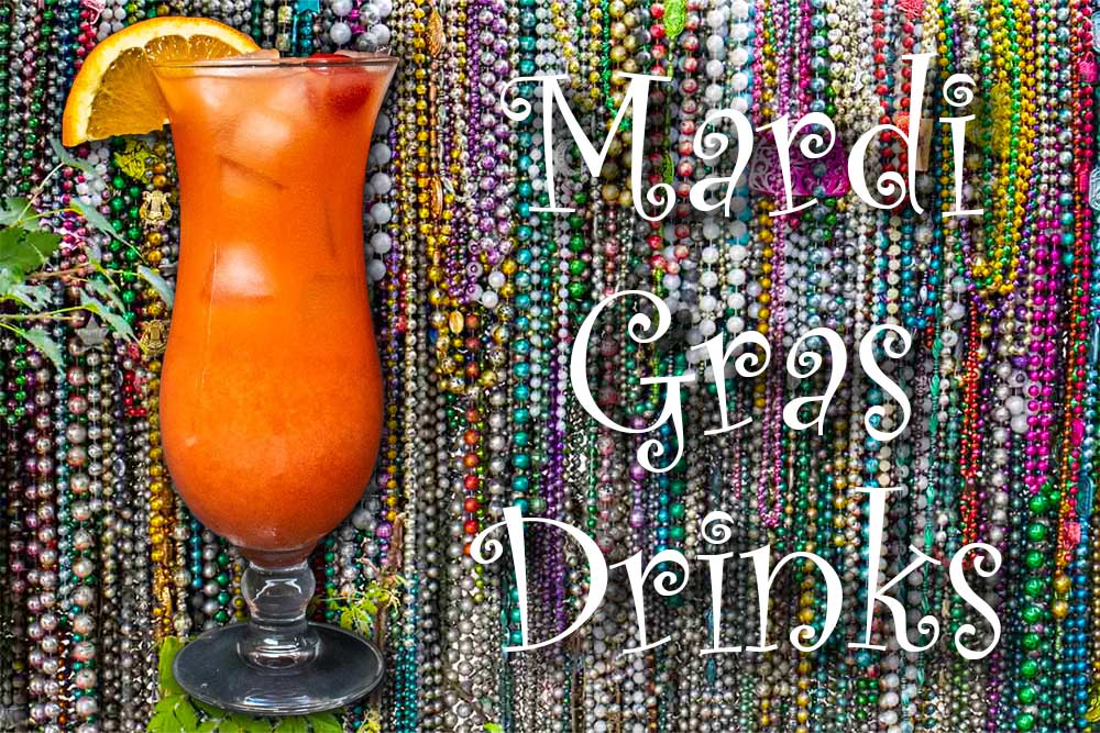 Hurricane Cocktail and Beads with Text "Mardi Gras Drinks"