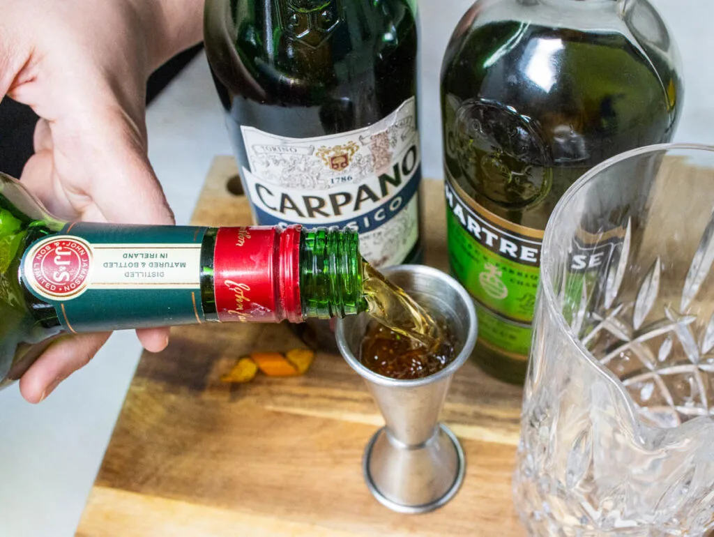 Measuring Irish Whiskey for a Tipperary Cocktail