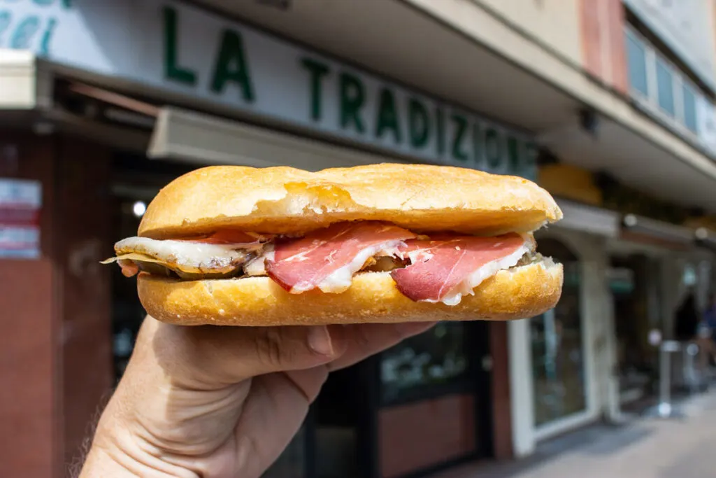 Cured Pork sandwich in front of La Tradizione in Rome