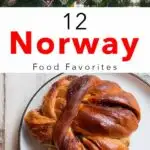 Pinterest image: photo of houses and pastry with caption reading "12 Norway Food Favorites"