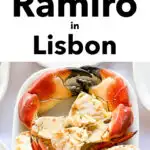 Pinterest image: photo of a crab leg with caption reading "Eating at Ramiro in Lisbon"