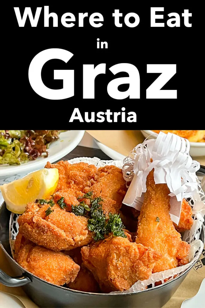 Pinterest image: photo of Graz food with caption reading "Where to Eat in Graz Austria"