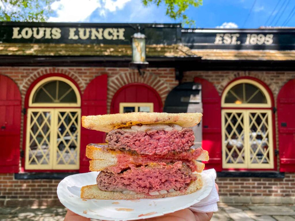 Burger at Exterior of Louis Lunch in New Haven