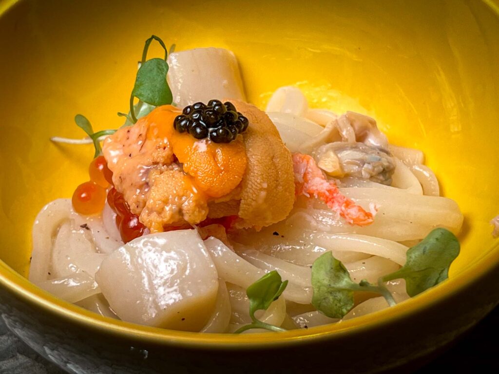 Cold Udon Topped with Uni Caviar and Seafood at Kaiseki Yuzu in Las Vegas