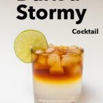 Pinterest image: photo of Dark and Stormy cocktail with caption reading "Definitive Dark & Stormy Cocktail"