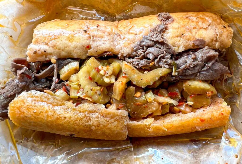 Italian Beef Sandwich on Wrapper at Als Italian Beef in Chicago
