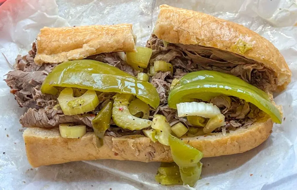 Italian Beef Sandwich on Wrapper at Mr. Beef in Chicago