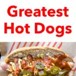 Pinterest image: photo of a loaded hot dog with caption reading 