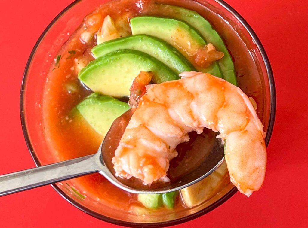 Mexican Shrimp Cocktail with Shrimp on a spoon