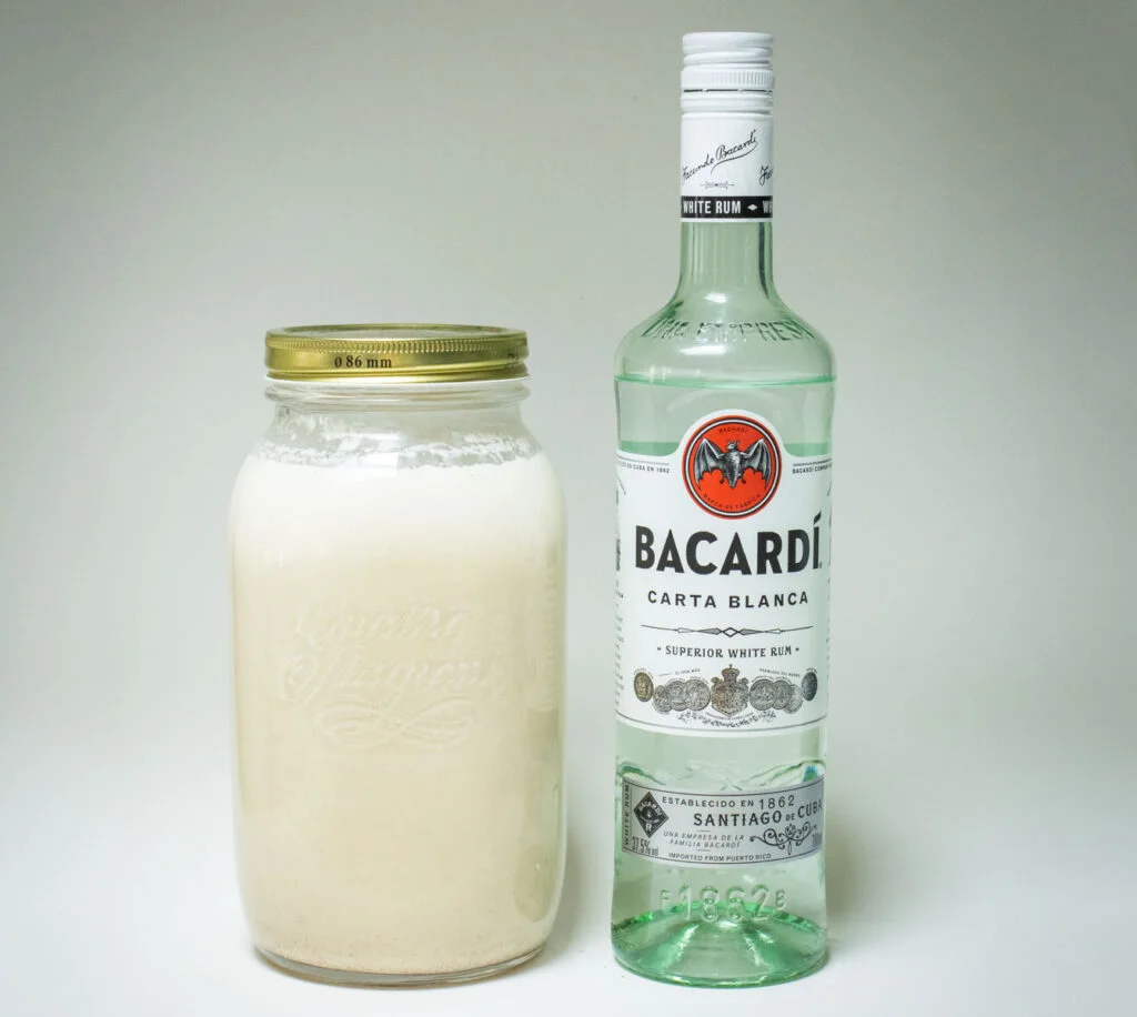 Coquito Jar and Rum Bottle