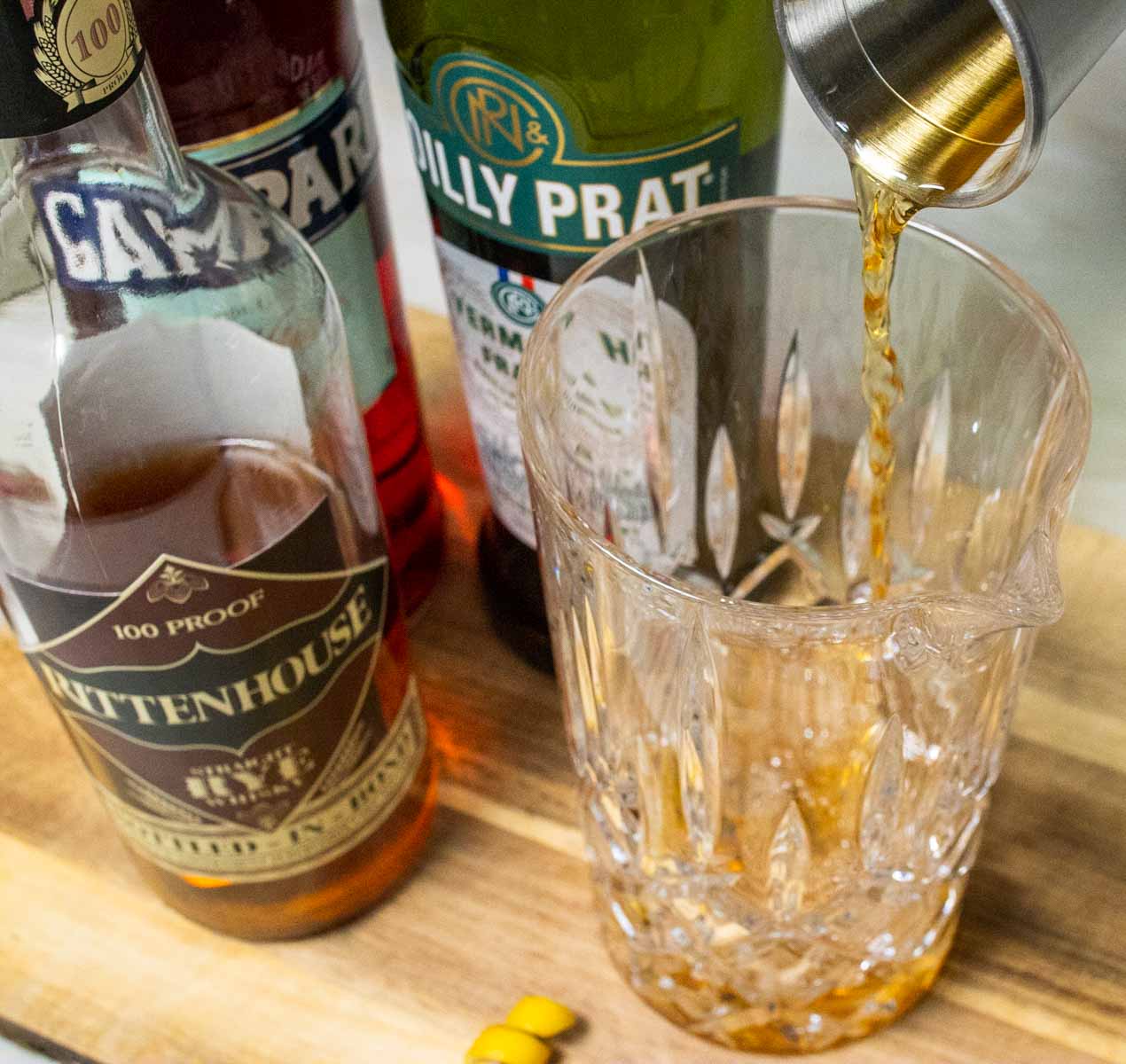 Pouring Rye into an Old Pal Cocktail