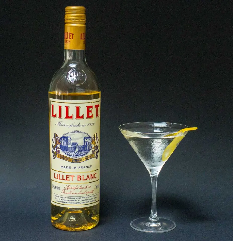 Vesper Martini Next to Lillet Blanc Bottle