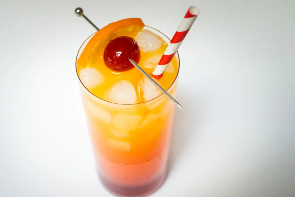 Tequila Sunrise with White Background from Above with Straw