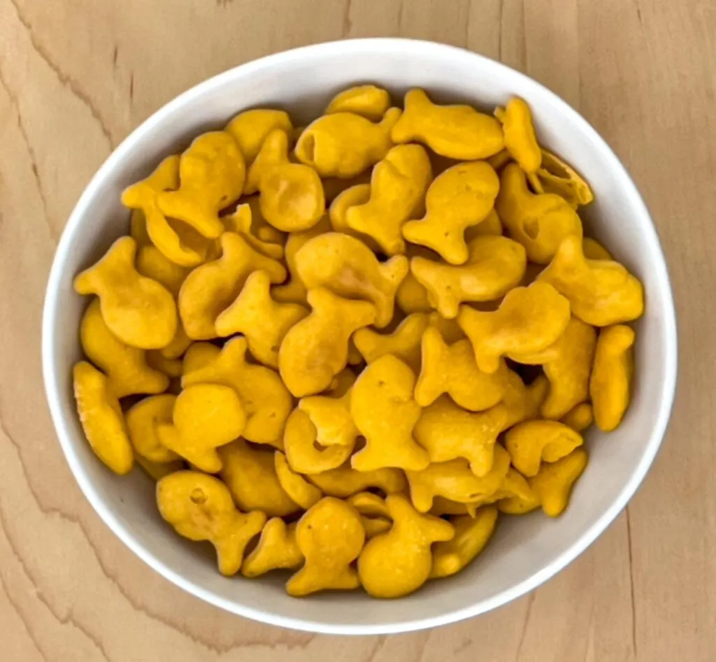 Cheddar Goldfish in White Bowl