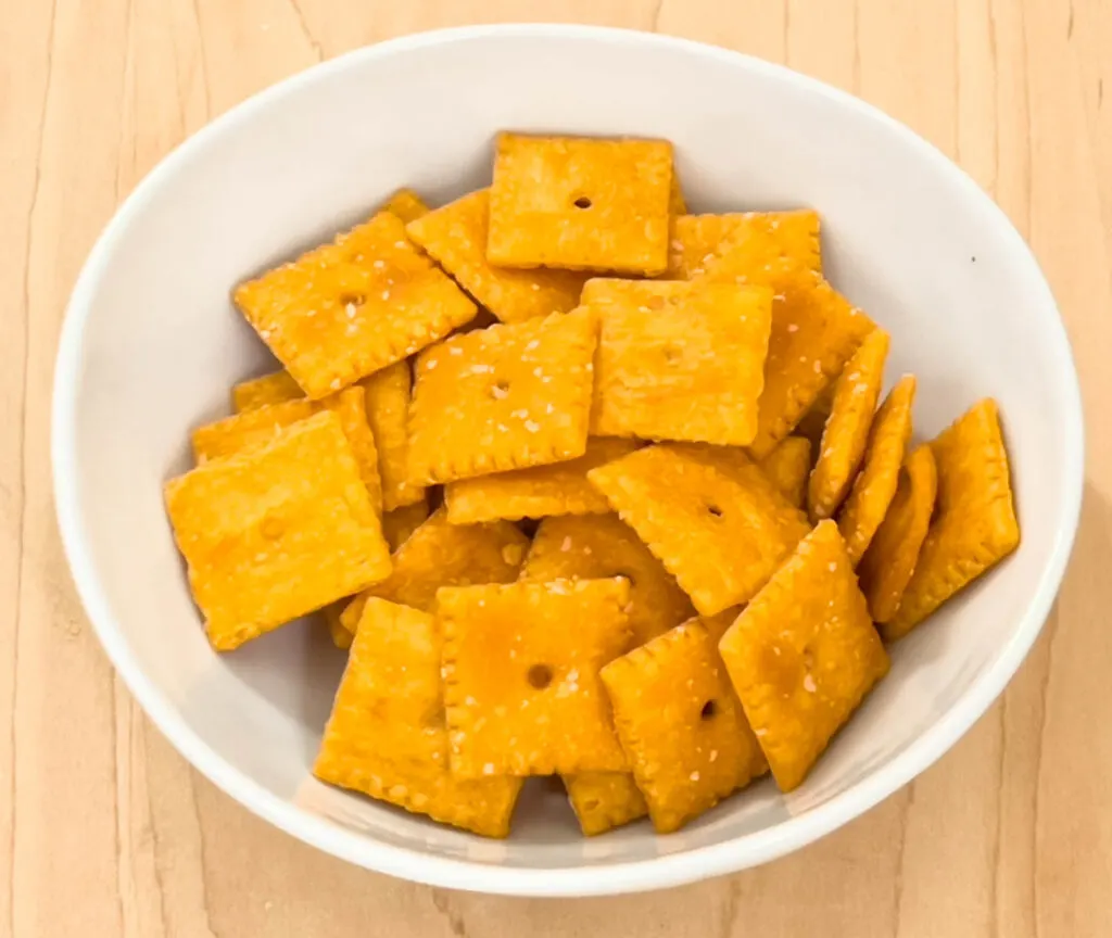 Cheez It Crackers in White Bowl