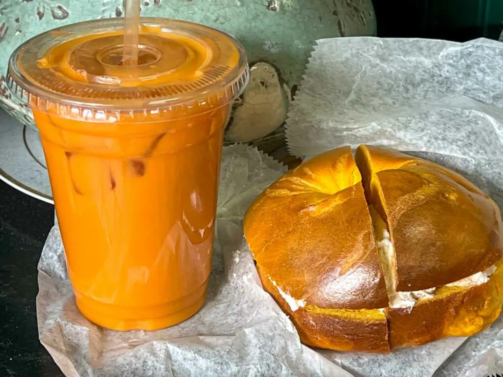 Thai Iced Tea and Bagel Sandwich at Absolute Bagels in New York City