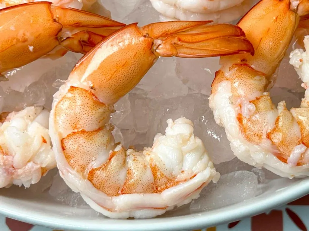 Closeup of shrimp cocktail over ice