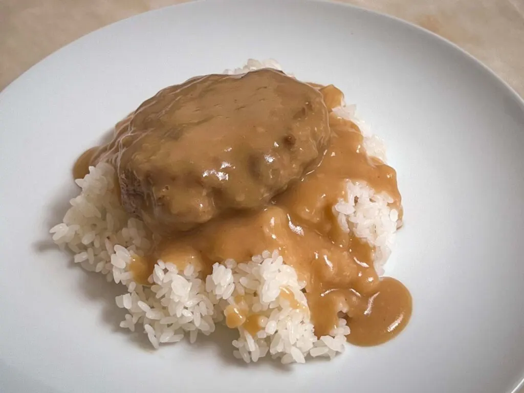 Gravy over a burger and rice
