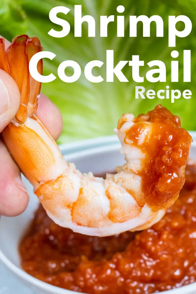 Pinterest image: photo of Shrimp Cocktail with caption reading "Shrimp Cocktail Recipe"