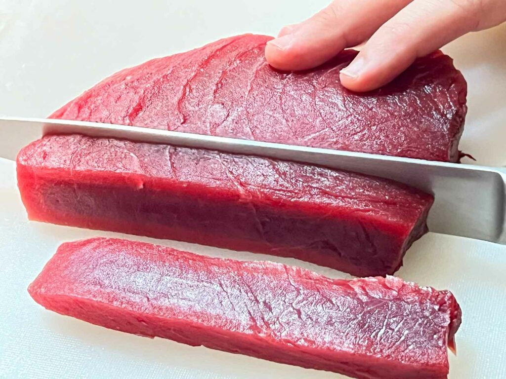Slicing Raw Tuna for Tuna Poke