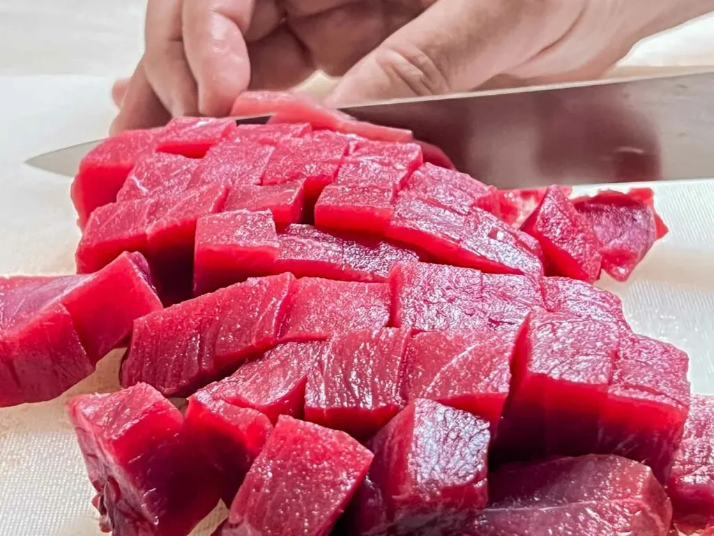 Raw Tuna Sliced into Cubes for Tuna Poke