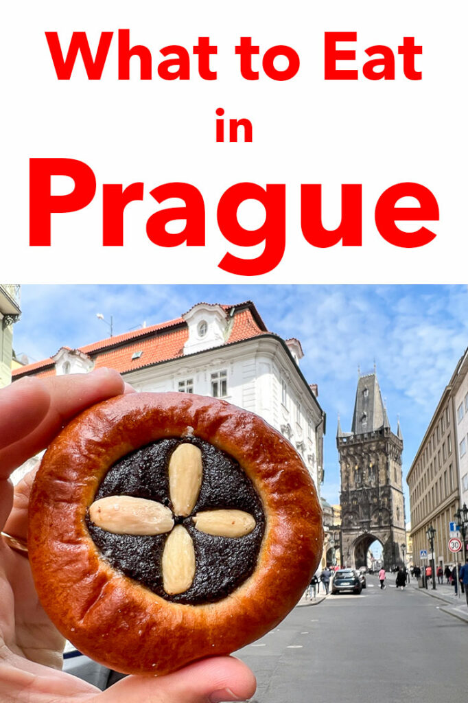 Pinterest image: photo of a kolache with caption reading "What to Eat in Prague"
