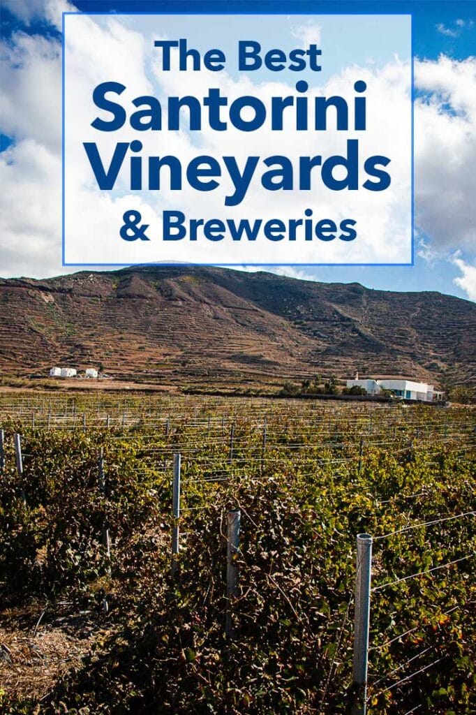 Pinterest image: Santorini vineyard photo with text reading "The Best Santorini Vineyards & Breweries"