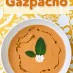 Pinterest image: photo of a Gazpacho in a White Bowl with caption reading "How to Make Gazpacho"