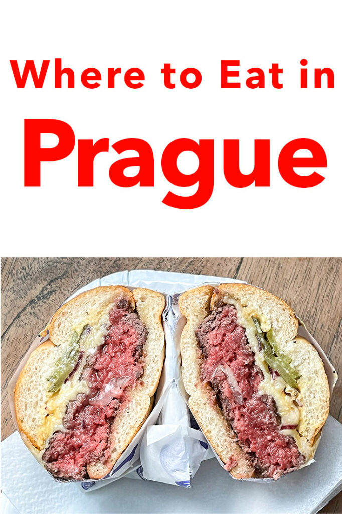 Pinterest image: photo of open faced sandwiches with caption reading "Where to Eat in Prague"