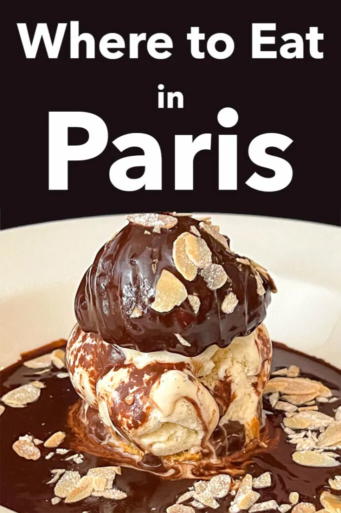 Pinterest image: photo of a profiterole with caption reading "Where to Eat in Paris"