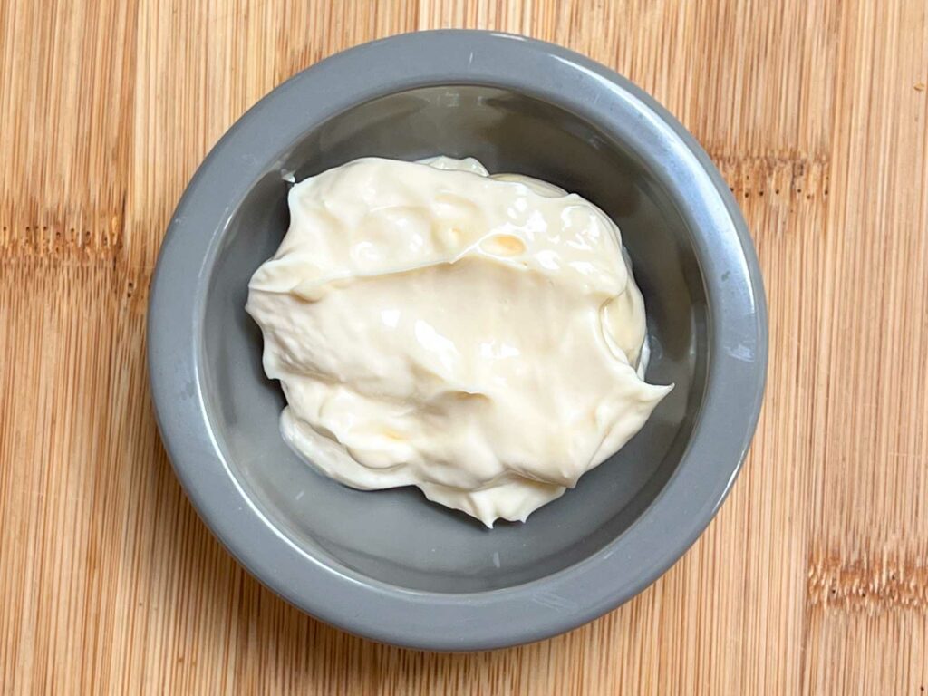 Mayonnaise in a grey prep bowl