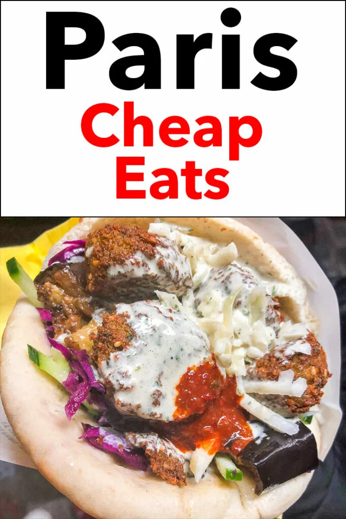 Pinterest image: photo of Falafel with caption reading "Paris Cheap Eats"