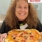 Pinterest image: photo of Mindi and Pizza with caption reading 
