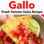 Pinterest image: photo of pico de gallo and a tortilla chip with caption reading 