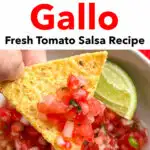 Pinterest image: photo of pico de gallo and a tortilla chip with caption reading 