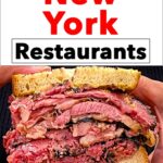 Pinterest image: photo of pastrami sandwich with caption reading "Iconic New York Restaurants"
