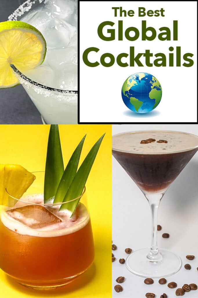 Pinterest image: photo of cocktails with caption reading "The Best Global Cocktails"