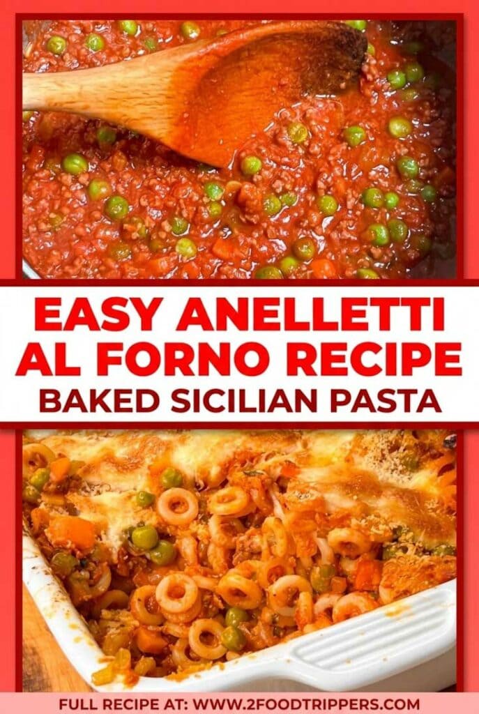 Two-panel collage featuring close-up shots of Anelletti al Forno Recipe