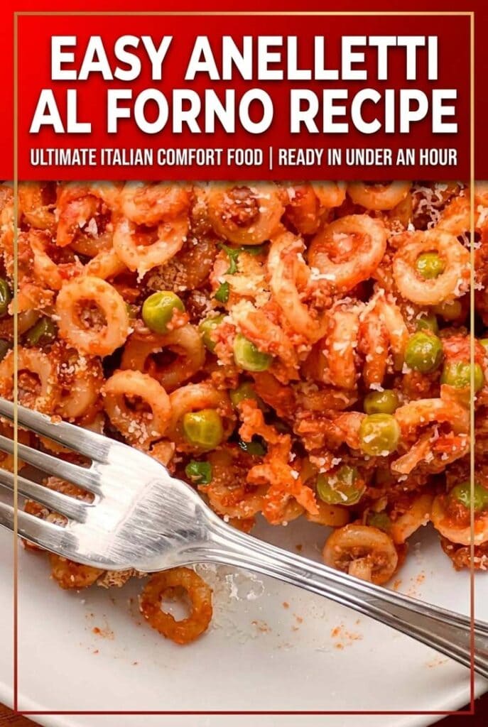 Pin featuring close-up shot of Anelletti al Forno Recipe with a Fork